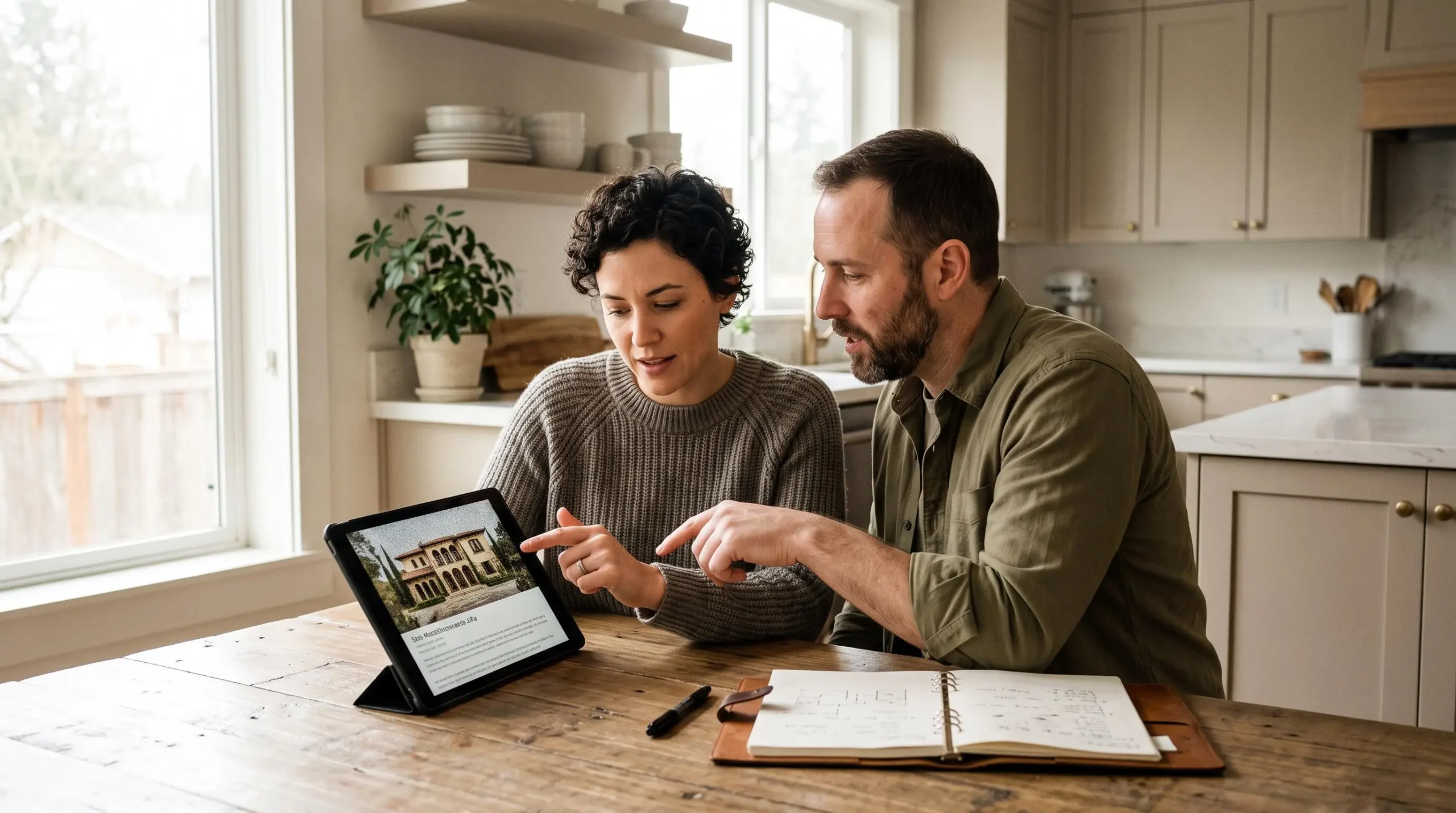 A couple reviews a villa listing on a tablet at their kitchen table.