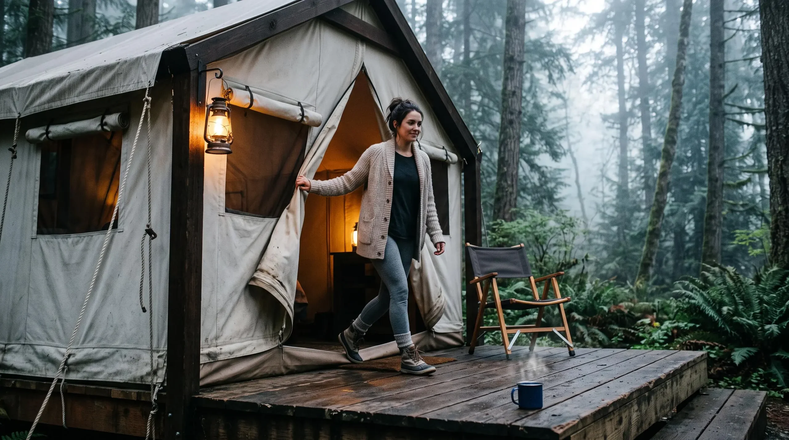 A guest steps onto the deck of a glamping tent in a misty forest at dawn.