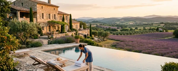 A stone villa with infinity pool overlooks the Provençal countryside at sunset.