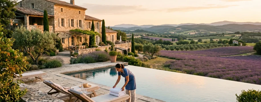A stone villa with infinity pool overlooks the Provençal countryside at sunset.