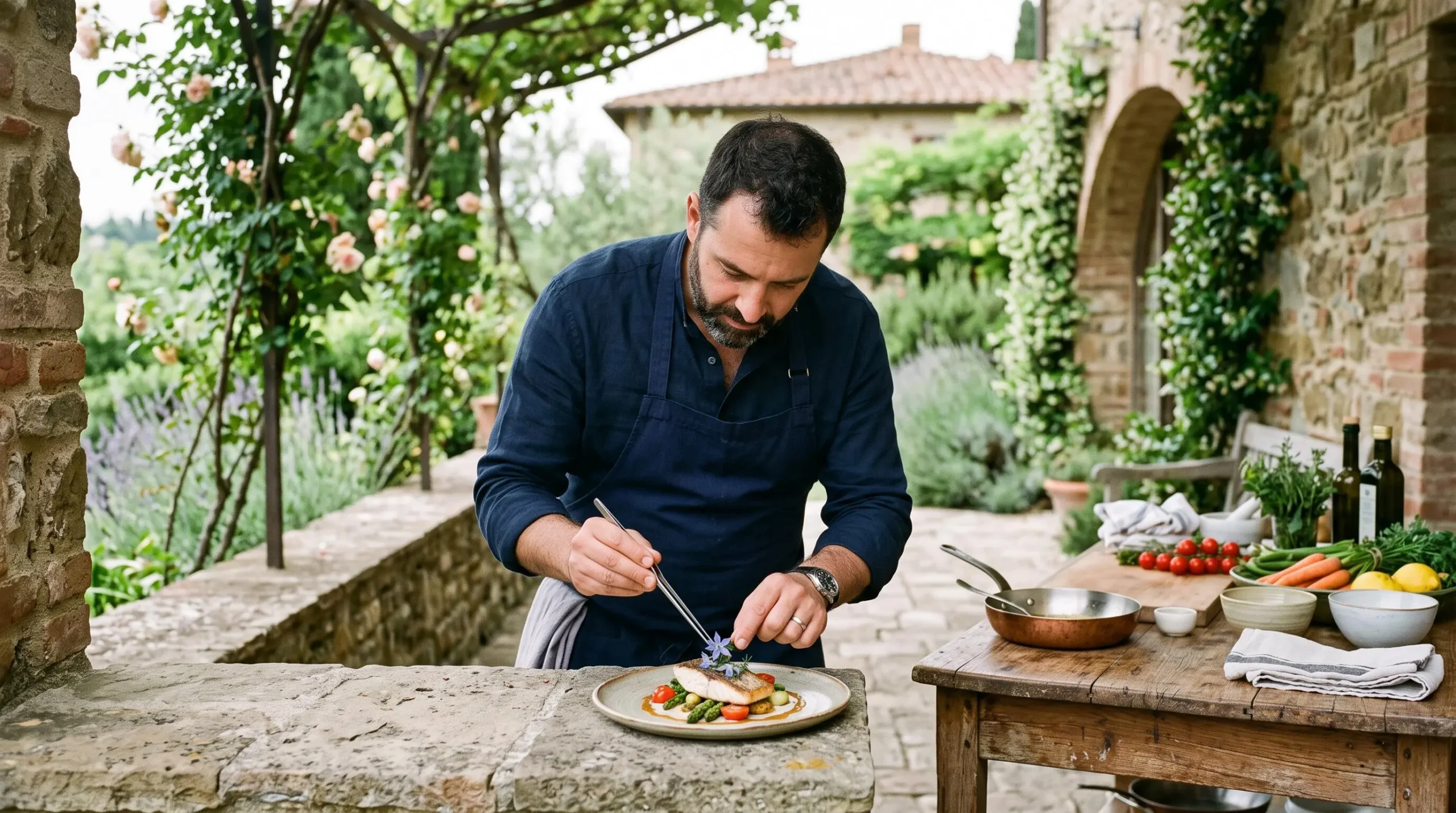 A private chef plates a dish on a villa terrace with fresh ingredients nearby.